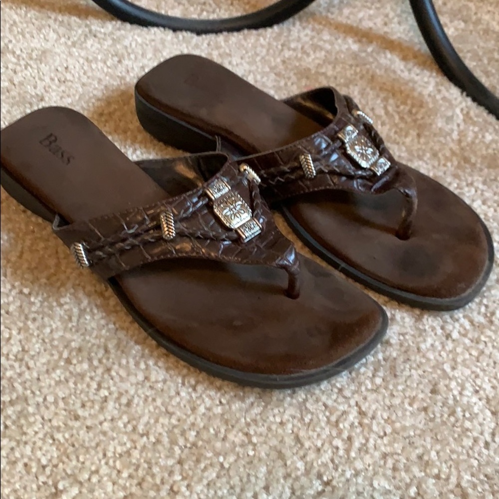 Bass Embossed, Braided Leather and Silver Sandals